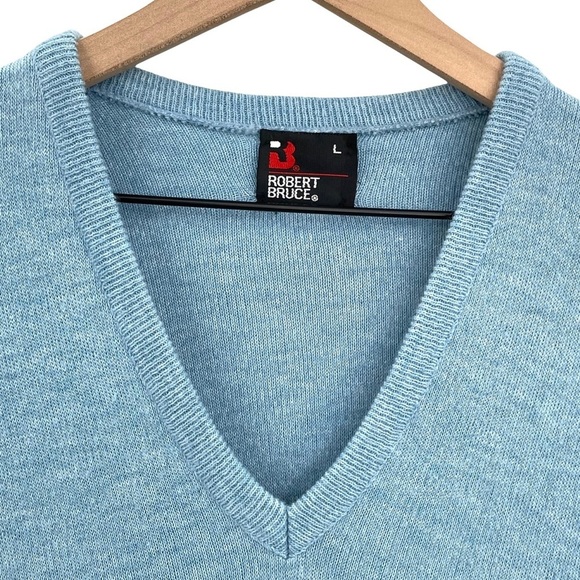 Vintage Robert Bruce V-Neck Pullover Sweater Solid Light Blue SOFT Unisex Large - Picture 4 of 6